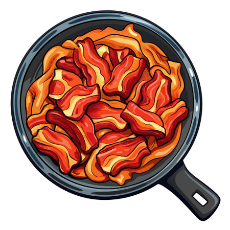 Fried crunchy plant based vegan Bacon pieces in a cast iron skillet.. AI generated. Vector iconのイラスト素材