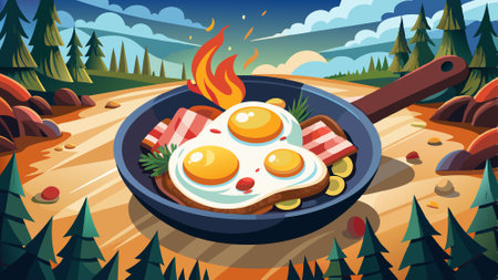Delicious Sunny Side Up Eggs With Bacon in Cast Iron Pan on Campfire. AI generated. Vector iconのイラスト素材