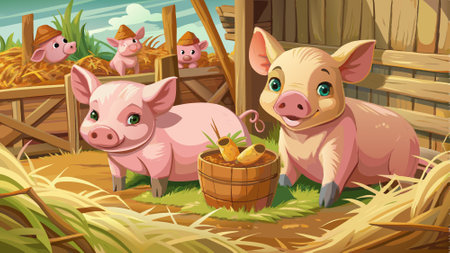 Close-up piglets playing in a pen strewn with straw, sweet little Pig. AI generated. Vector iconのイラスト素材