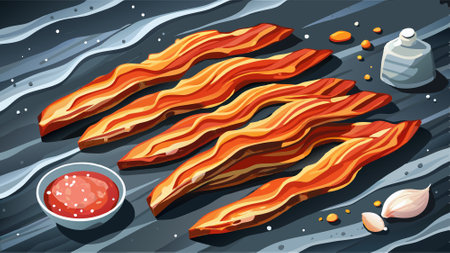 Crispy bacon slices arranged on a slate surface with salt and pepper.. AI generated. Vector iconのイラスト素材