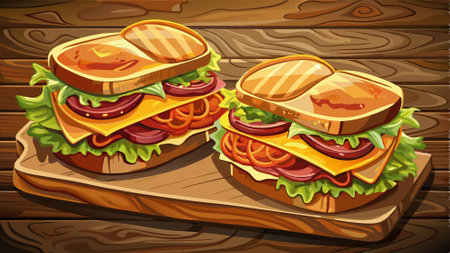Delicious sandwiches with fried bacon on wooden rustic table, closeup. AI generated. Vector iconのイラスト素材