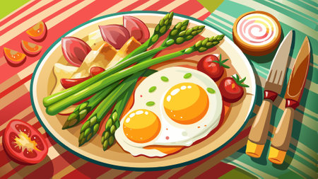 Delicious breakfast a plate with fried asparagus bacon and fried eggs. AI generated. Vector iconのイラスト素材