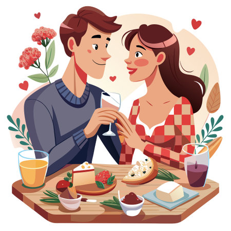 A couple on a romantic evening, sharing a cheese and charcuterie board. AI generated. Vector iconのイラスト素材