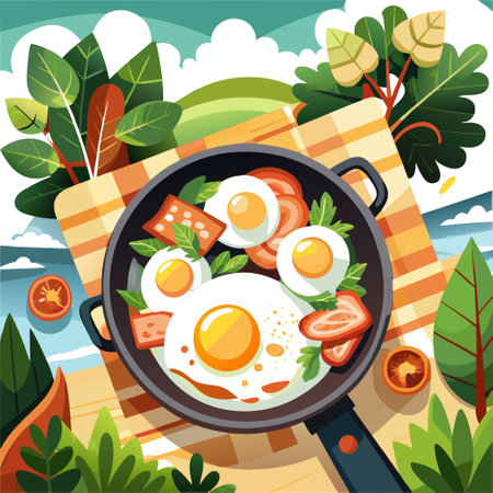 Cast Iron Pan With Sunny Side Up Eggs, Bacon, and Fresh Herbs Outdoors. AI generated. Vector iconのイラスト素材