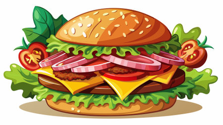 Delicious Bacon Cheeseburger With Fresh Vegetables On White Background. AI generated. Vector iconのイラスト素材