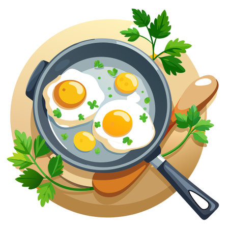 Three eggs in a frying pan Parsley garnishes the rim A spoon rests by the side. AI generated. Vector iconのイラスト素材
