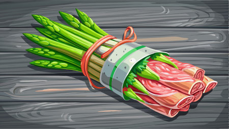 Fresh green asparagus wrapped in jamon on a gray wooden table top view. AI generated. Vector iconのイラスト素材