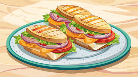 Delicious sandwiches on a rustic plate against a white marble background. AI generated. Vector iconのイラスト素材