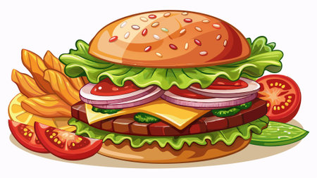 Cheeseburger With Bacon, Fresh Vegetables, And Pickles On A White Surface. AI generated. Vector iconのイラスト素材