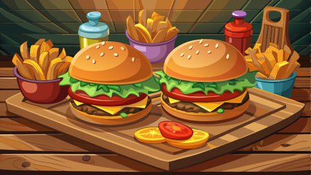 Gourmet cheeseburgers with fries on rustic wooden board in restaurant setting. AI generated. Vector iconのイラスト素材