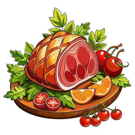 Delicious ham with cherry tomatoes parsley and pepper on white background. AI generated. Vector iconのイラスト素材
