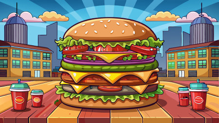 Double Cheese Burger - BAC-Wide Shot of the Ultimate Double Cheese Burger. AI generated. Vector iconのイラスト素材