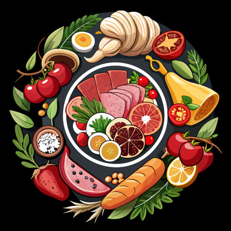 Italian meat and antipasto on black background top view text space available. AI generated. Vector iconのイラスト素材