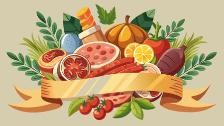Different Italian ham and salami with herbs. Creative Banner. Copyspace image. AI generated. Vector iconのイラスト素材