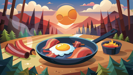 Delicious bacon and eggs cooking in a cast iron pan over a campfire at sunrise. AI generated. Vector iconのイラスト素材