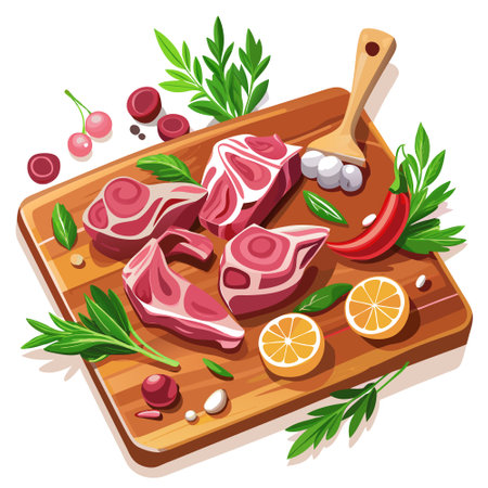 Chopped mutton pieces on a wooden chopping board with fresh spices and herbs. AI generated. Vector iconのイラスト素材