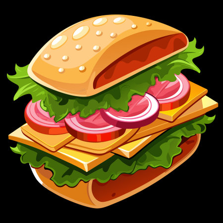 Fast food sandwich with ham cheese lettuce and tomatoes on a black background. AI generated. Vector iconのイラスト素材