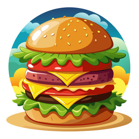 Cheeseburger with beef, lettuce, tomato, cheese, with beautiful background. AI generated. Vector iconのイラスト素材