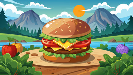 Burger with beef, lettuce, tomato, cheese, cucumber wih beautiful background. AI generated. Vector iconのイラスト素材