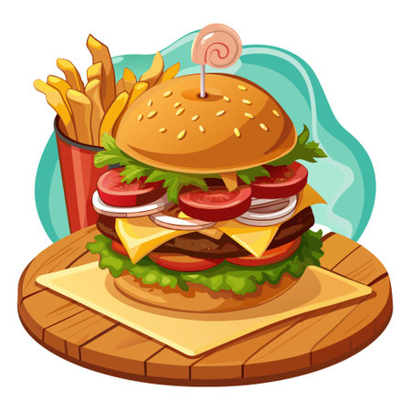 Delicious cheeseburger with bacon and French fries is steaming on wooden table. AI generated. Vector iconのイラスト素材