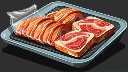 Bacon strips raw smoked pork meat slices in vacuum package on black stone table. AI generated. Vector iconのイラスト素材