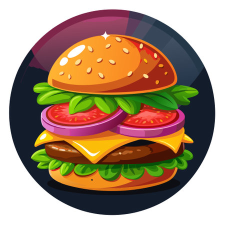 Colorful Burger with beef, lettuce, tomato, cheese, cucumber with dark background. AI generated. Vector iconのイラスト素材