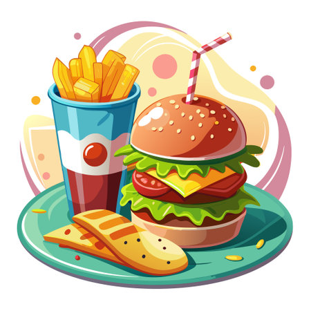Burger and Milkshake. Deliciously Cooked Meal with Chips and Refreshing Beverage. AI generated. Vector iconのイラスト素材