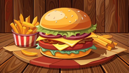 Burger and fries on wooden background. Burger with cheddar cheese, bacon and onion.. AI generated. Vector iconのイラスト素材