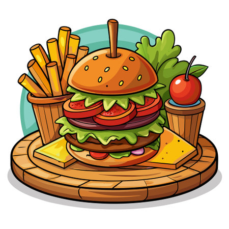 Burger with tomatoes lettuce and pickles on a wooden plate and fries at the back. AI generated. Vector iconのイラスト素材