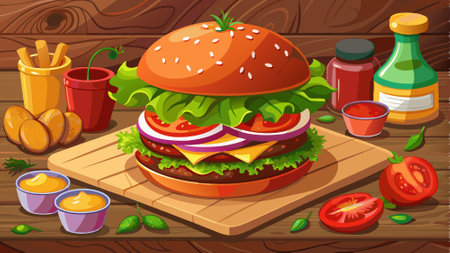 Delicious homemade beef burger with fresh vegetables and spicy sauce on wooden table. AI generated. Vector iconのイラスト素材