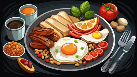 English breakfast with fried eggs bacon sausages beans toasts on dark background. . AI generated. Vector iconのイラスト素材
