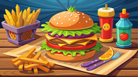 Delicious burger with traditional ingredients on a wooden table with French fries. AI generated. Vector iconのイラスト素材