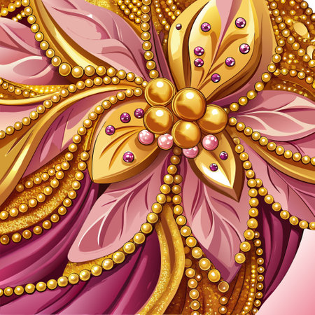 A zoomed-in image of fabric adorned with gold sequins and beads on a pink backdrop. AI generated. Vector iconのイラスト素材