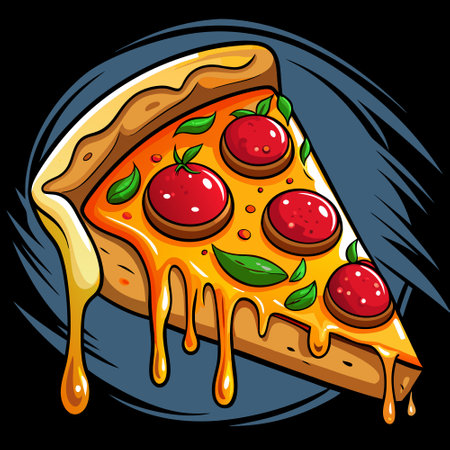 Appetizing slice of pizza in the kitchen with stretchy cheese on a dark background. AI generated. Vector iconのイラスト素材