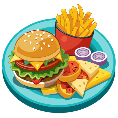 A plate of fast food featuring two cheeseburgers, a slice of pizza, and French fries. AI generated. Vector iconのイラスト素材