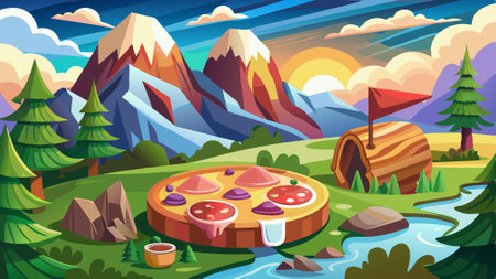 A pizza of bacon in a picnic during a day of walking on the mountain., generative IA. AI generated. Vector iconのイラスト素材