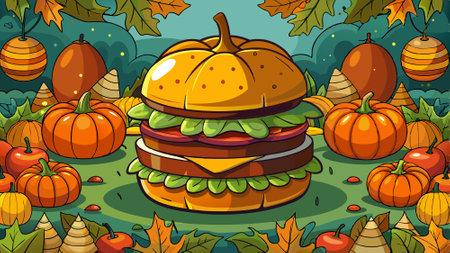 A hamburger with a pumpkin on top of it. There are other pumpkins in the background. AI generated. Vector iconのイラスト素材