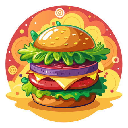 Colorful Burger with beef, lettuce, tomato, cheese, cucumber wih beautiful background. AI generated. Vector iconのイラスト素材