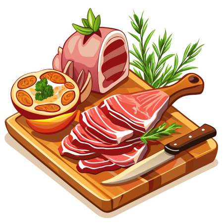 A close up of Lamb meat on a chopping board and Cider Bacon Wrapped Pork ready to eat. AI generated. Vector iconのイラスト素材