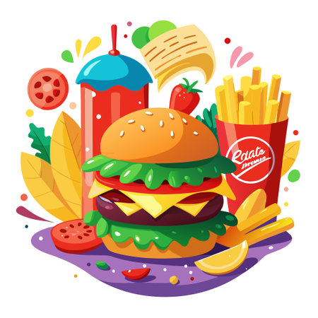 Beef burger with cheese vegetables with Coke fries food photography poster background. AI generated. Vector iconのイラスト素材