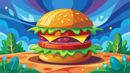 Colorful Burger with beef, lettuce, tomato, cheese, cucumber with beautiful background. AI generated. Vector iconのイラスト素材