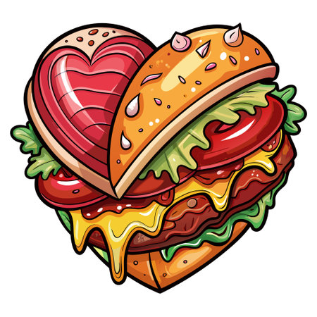 A metaphorical heart, with one half composed of burger layers including cheese and bacon, an. AI generated. Vector iconのイラスト素材