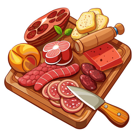 A wooden cutting board with a variety of meats, including salami, pepperoni, and sausage. AI generated. Vector iconのイラスト素材