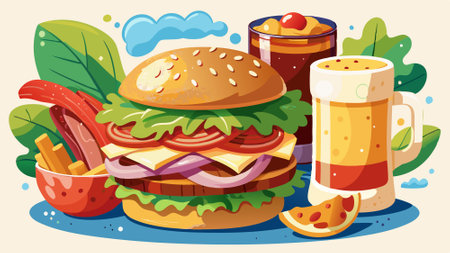 A watercolor scene of a bacon burger and beer pairing, with the burger showcasing layers of . AI generated. Vector iconのイラスト素材