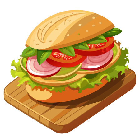 Close-up of a delicious sandwich with fresh lettuce, tomatoes, and turkey on a wooden board. AI generated. Vector iconのイラスト素材