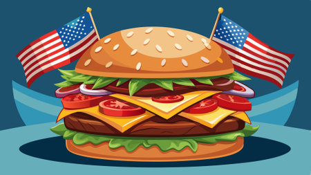 Close Up of a Juicy Burger With Bacon, Cheese, and Tomato Topped With a Small American Flag. AI generated. Vector iconのイラスト素材