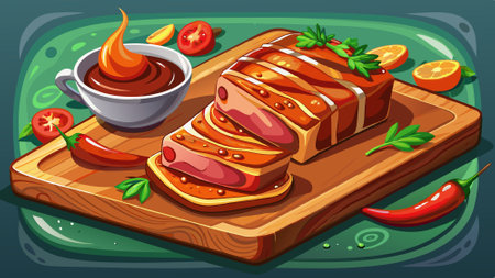 Close up of Piece of baked pork belly served with sauce and chili pepper on wooden board.. AI generated. Vector iconのイラスト素材