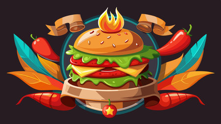 Delicious homemade burger with chili and BBQ grill fire, food ad banner in 3d illustration. AI generated. Vector iconのイラスト素材