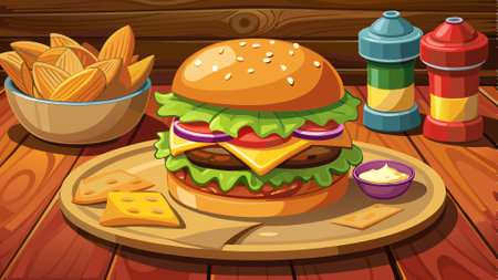 A hamburger with cheese and onions on a bun sits on a wooden table next to a plate of nachos. AI generated. Vector iconのイラスト素材