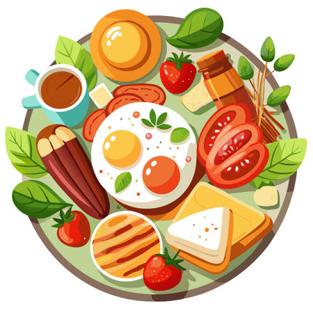 Breakfast with fried eggs, tomatoes and sausages, spices and toast. Hearty and nutritious food. AI generated. Vector iconのイラスト素材